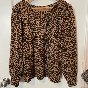 Leopard print long sleeve boat neck top w slightly puffy sleeves